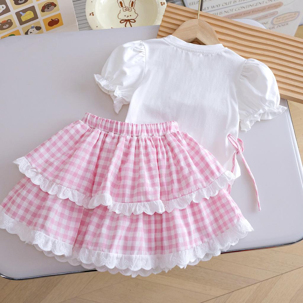 Girls Summer Sweet Princess Outfit 3D Puppy Short Sleeve Top With Pink Plaid Tiered Skirt Two Piece Set