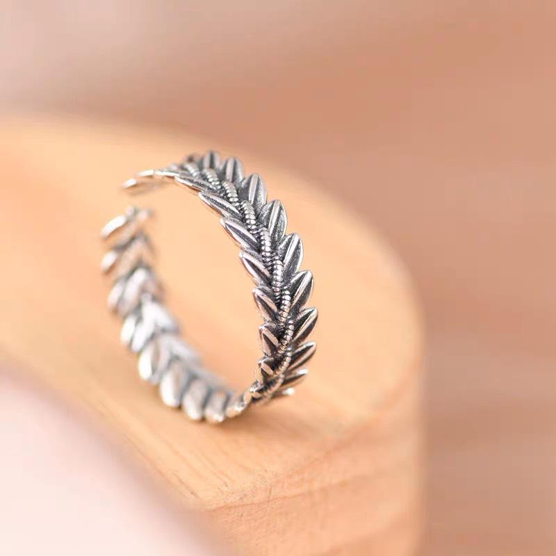 Chao Xiaobai 925 Sterling Silver Wheat Ear Adjustable Ring for Women - Artistic, Fashionable, Retro Twist Design