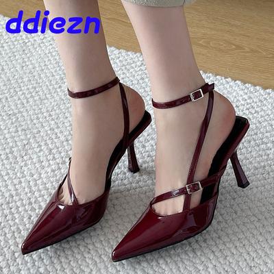 Moda Nuove Scarpe Rosse Vino Moda Scarpe con Cinturino alla Caviglia Donna Tacchi Alti Scarpe Femminili Punta Acuta Festa Donna Scarpe con Tacco Sandali