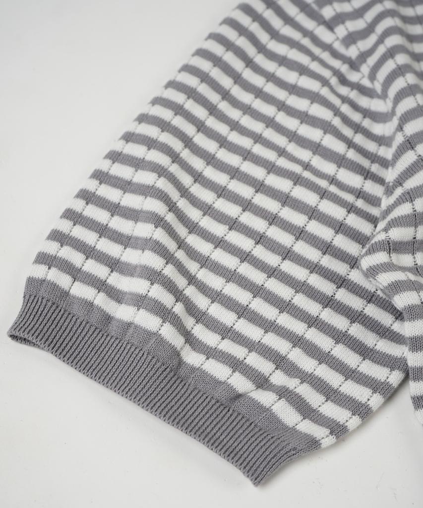 BIRBANTE Summer Washable Henley Neck Knit - Gray Stripe