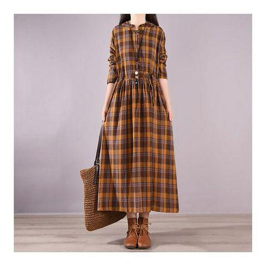 Plus Size Plaid Cotton Linen Long Sleeve Dress with Waist Tie L кофейный