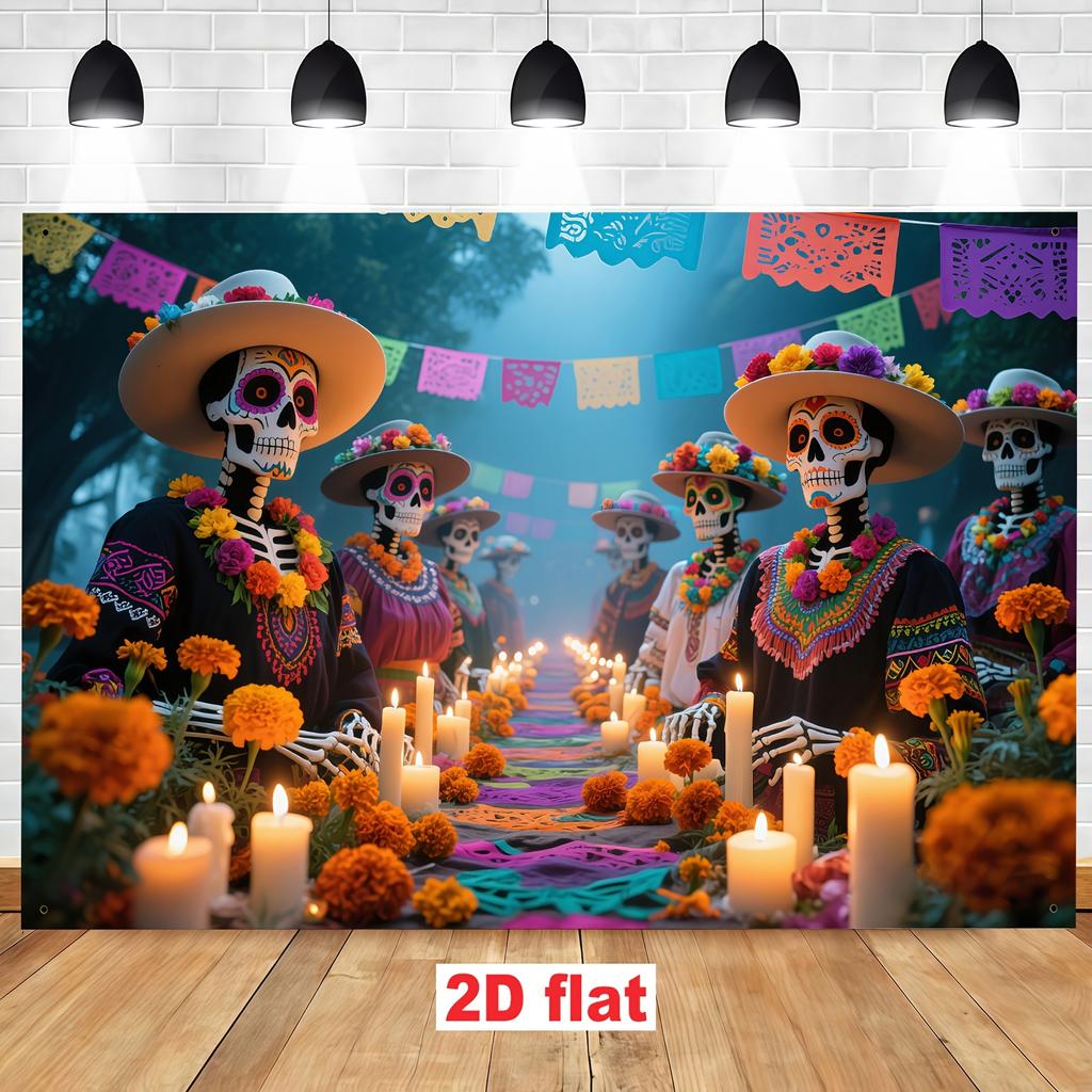 1 piece, made of polyester, with a Mexican Day of the Dead theme background fabric. Halloween family background fabric