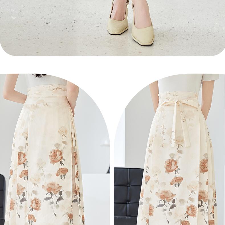 Summer New Style Chinese Feng Shui Ink Rose Print Tie One-Piece Horse Face Skirt Hanfu Pleated Skirt