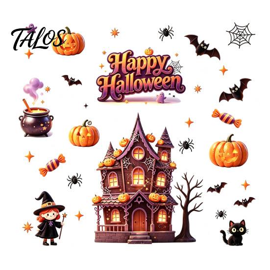 Outdoor Balcony Scene Setting Props Halloween Static Window Clings, Spooky Haunted House Glass Decals with Pumpkin Funny Holiday Party Room Decor Bat