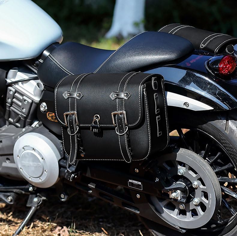 Double Leather Motorcycle Seat Bags of with Drink and Combination Small Item and Black (Set 2) Holder, Key, Lock, Storage, Waterproof, Anti-Theft,