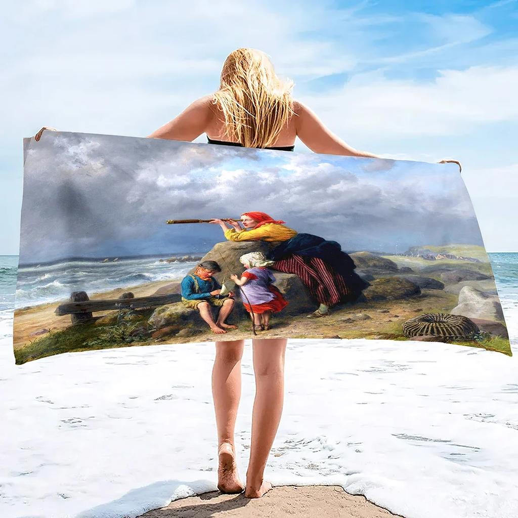 Oil Painting Beach Towels Oversized Vintage Design Art Landscape Beach Towel Microfiber Beach Towel Soft Polyester Microfiber
