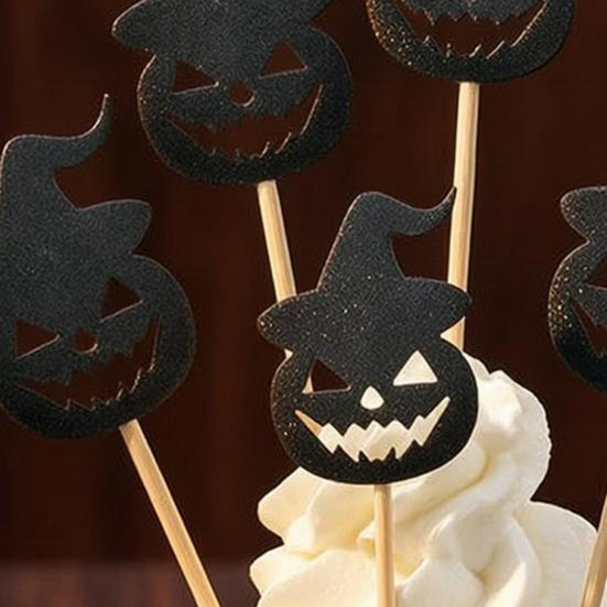 Wooden Skewer Cake Topper 8 Pcs Halloween Cupcake Toppers, Black Glitter Witch Hat Pumpkin Picks for Party Supplies, Birthday Decoration Durable