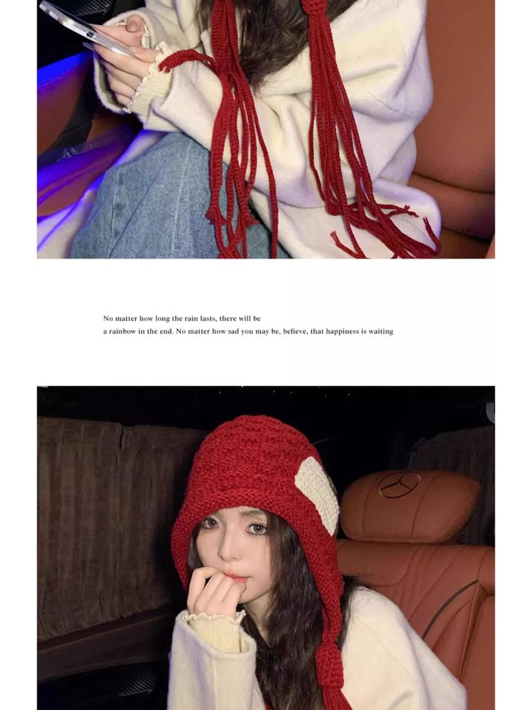 2025 Mode Roter Wollquastenhut: Damen Handgemacht Warm Zopfstrick für Herbst & Winter