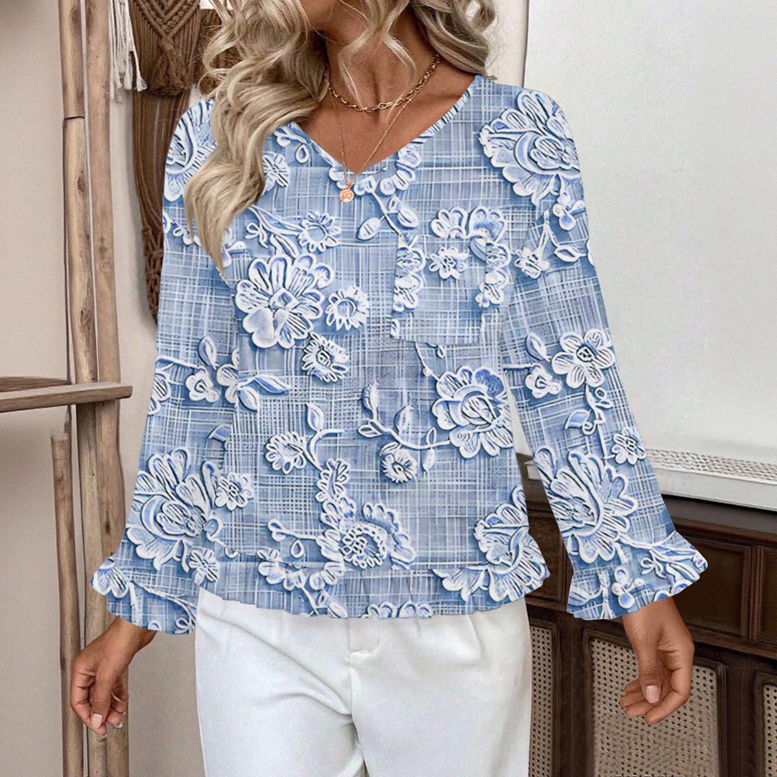 

Женский повседневный модный топ с оборками, V-образным вырезом, принтом и длинными рукавами S