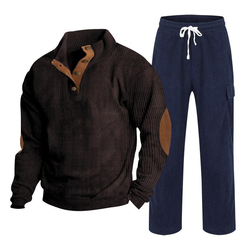 Herren Herbst/Winter Neuankömmling Sportbekleidung Zweiteiliges Set Cord Knopfleiste Henley Oberteil und Straight-Leg Hose Lässiges Ensemble
