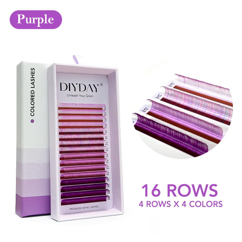 DIYDAY 16rows Colored Eyelashes 4 Colors in One Tray Multicolor False Mink Lashes Extension Neon Colored Fake Eyelash for Party