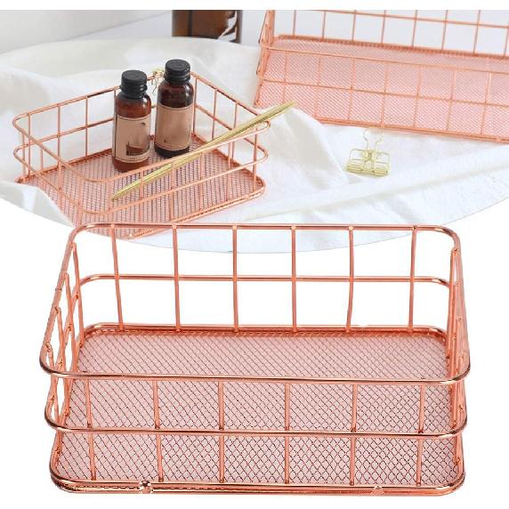Rose Gold Wire Mesh Basket,Makeup Storage Basket Organizer Metal Desk Drawer Organizer Desktop Holder Tray Metal Grid Fruit Clothing Table Organizing