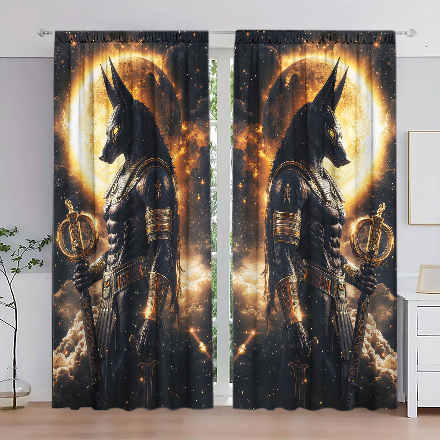 

Set Of 2 Egyptian God Anubis Printed Curtain Home Decor Shade Privacy Protection Suitable Decorating Various Rooms Curtains Made Polyester W100*H70(CM)-Grommet top&1PCS