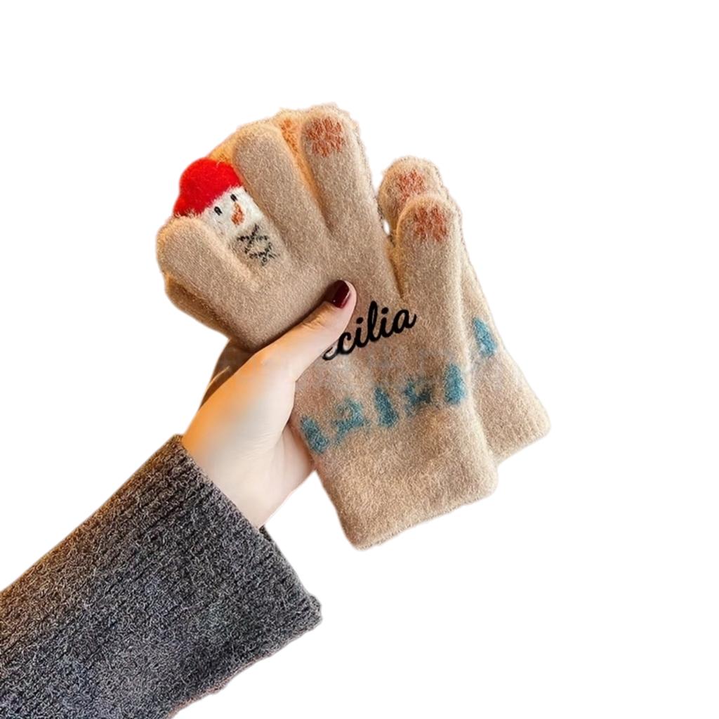Personalized Custom Embroidered Wool Gloves For Women Winter Cute Snowman Knitted Screen Thick Warm Cycling Five Winter Cold-proof Cotton