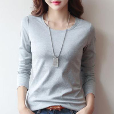 T-shirt da donna a maniche lunghe, tinta unita, con scollo rotondo