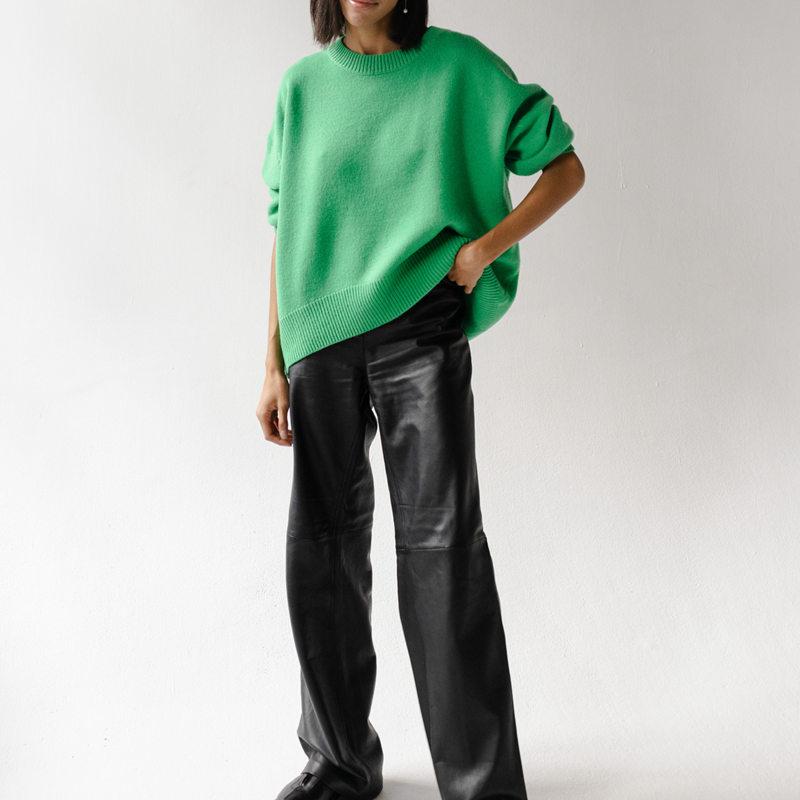 Women Autumn Winter Knit Crew Neck Long Sleeve Loose Solid Color Knitted Sweater