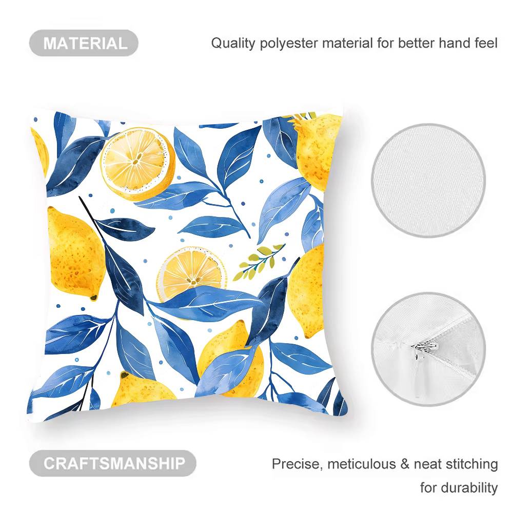 Blue - Toned Watercolor Lemon Pillow Case  Anti-dustmite Pillowcase Invisible Zipper Silky Short Plush Sofa Cushion Cover