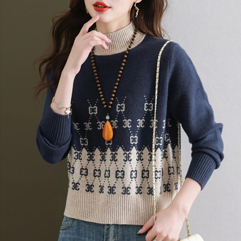 Short Sweater Women's Autumn and Winter Half Turtleneck Knitted Sweater Loose and Casual Long-sleeved Pullover