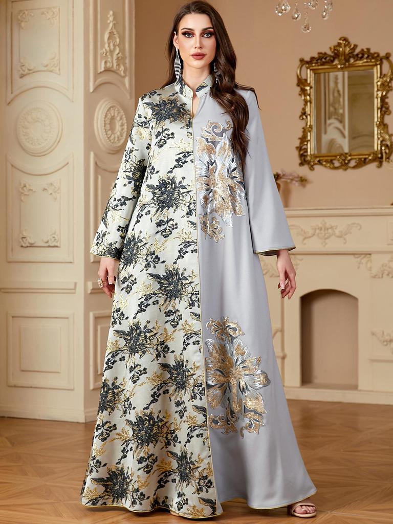 Middle East Muslim Women's Color Block V-Neck Jacquard Dress