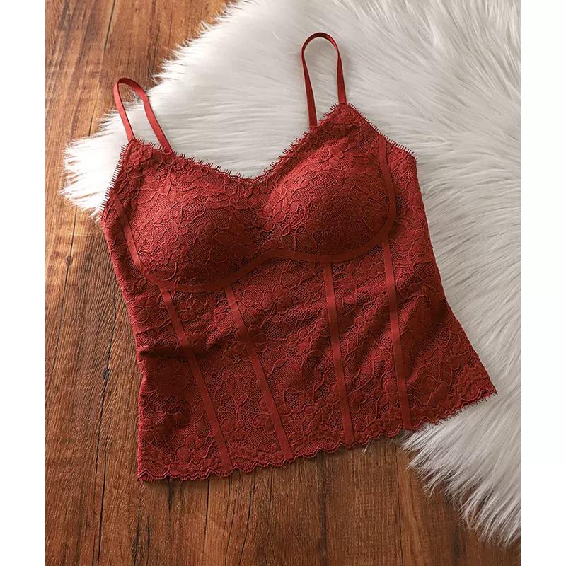French Retro Floral Lace Camisole with Chest Pads - Versatile, Sexy Back Outerwear L (110-140 lbs) красный