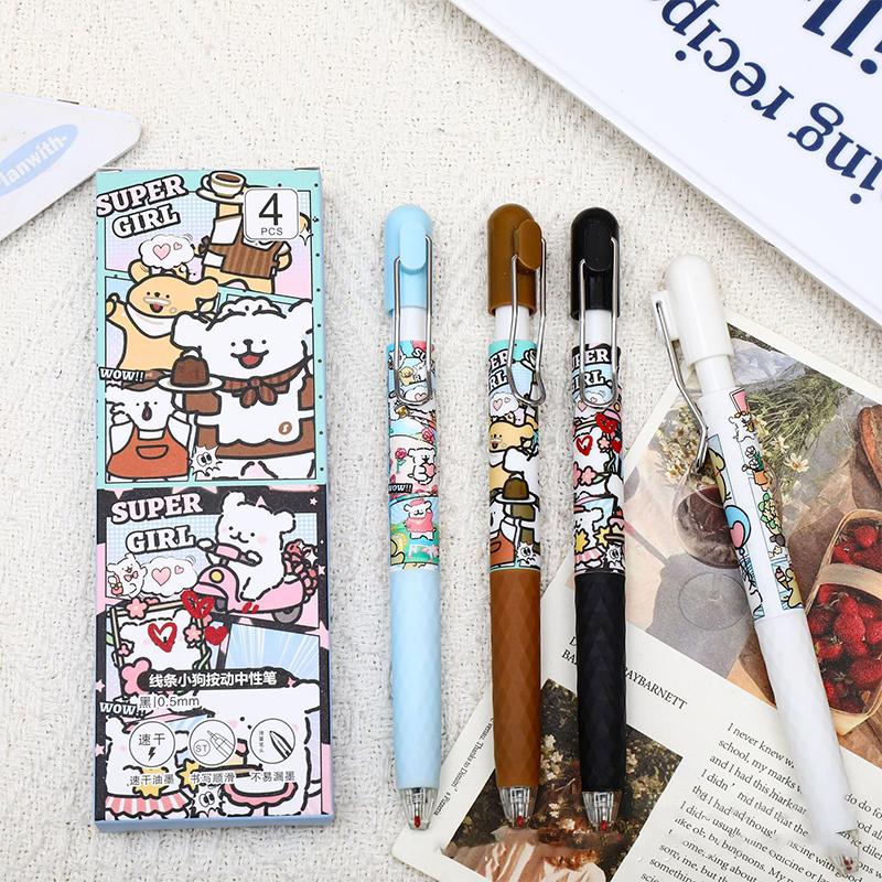 

4 шт./коробка Кавайная гелевая ручка с нажимным механизмом для письма 0,5 мм Мультяшная ручка с черными чернилами