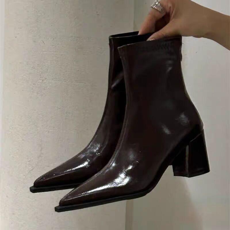 Women's Black Patent Leather Pointed Toe Ankle Boots with Chunky Heel and Back Zipper - New for Autumn/Winter 2025, High-End Martin Style.