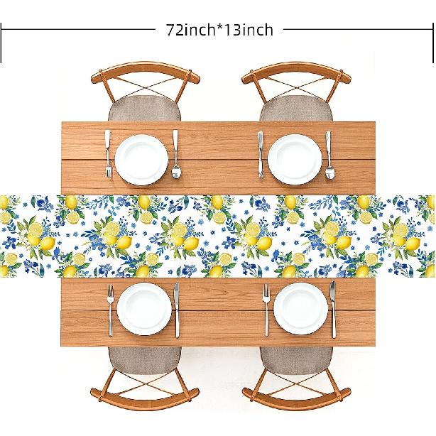 Lemon and Blue Floral Table Runner, Seasonal Kitchen Dining Table Decoration for Home Party Birthday Wedding Decor 72 x 13 inches, White