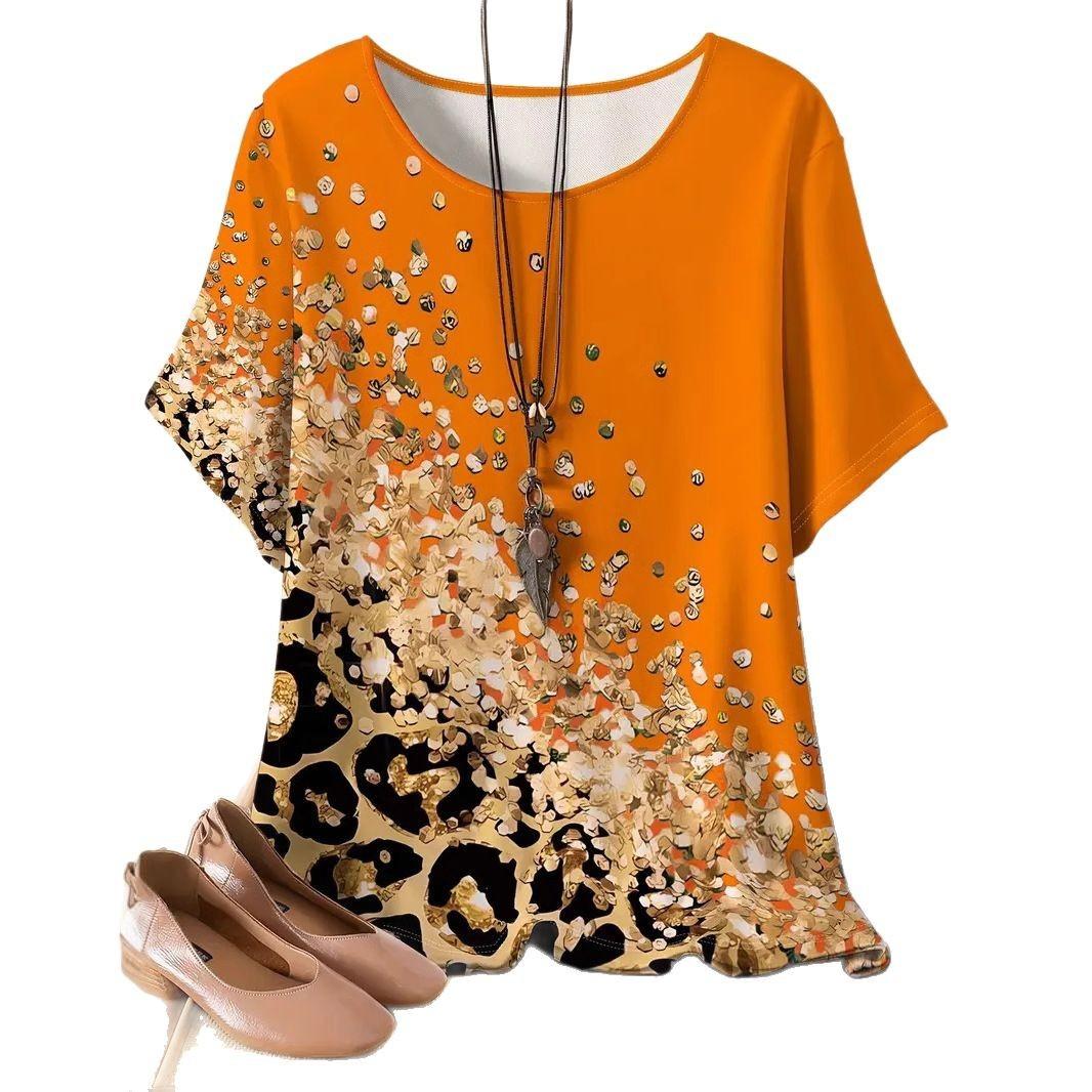 

Женская повседневная летняя футболка с короткими рукавами и круглым вырезом с градиентным цветочным принтом XXXL оранжевый
