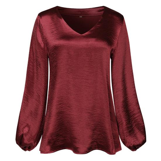 

Однотонная женская блузка с длинным рукавом и простым атласным v-образным вырезом, осень M вино красного