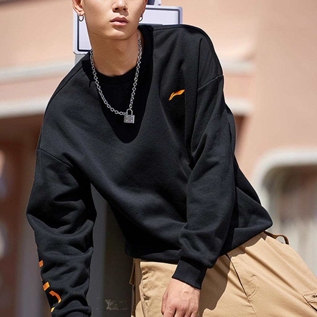 Li-Ning Loose Fleece Crew Neck Pullover Long Sleeve Sweatshirt Unisex sweatshirt Standard-Black AWDP932-10