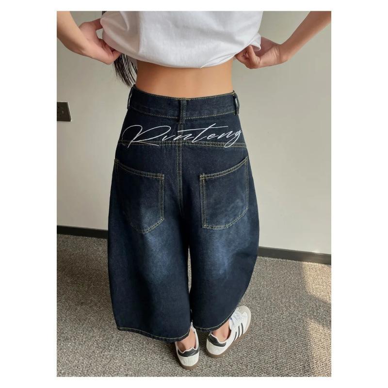 

Street retro back embroidery splicing scimitar jeans women s summer new wide-leg and thin seven-point shorts S синий