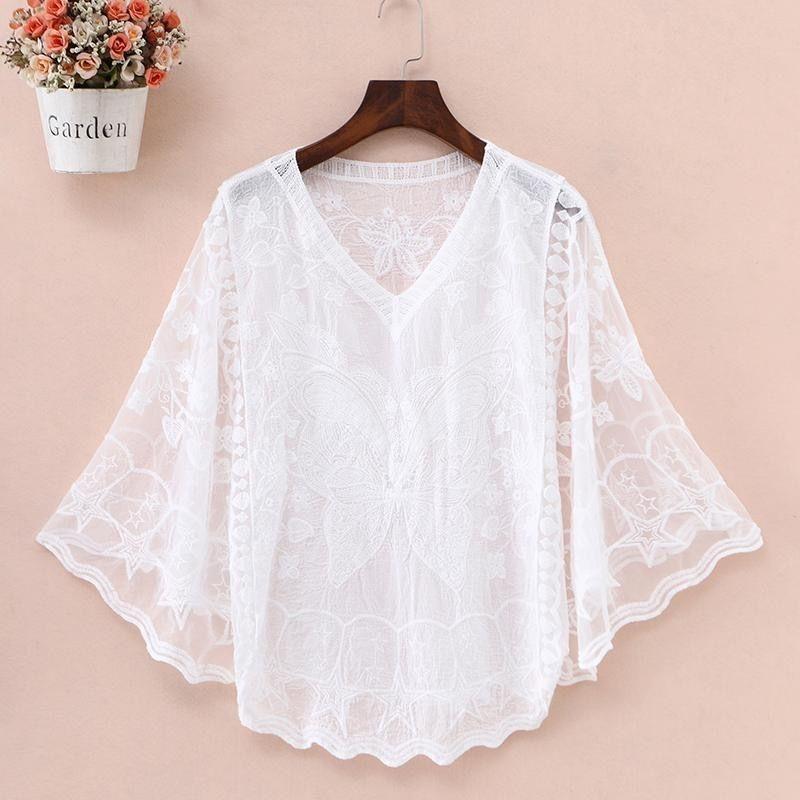 Besticktes Spitzen-Oversize-T-Shirt mit Glockenärmeln, Sonnenschutzkleidung, Bluse für Damen, Fledermausärmel-Bluse, Sommer