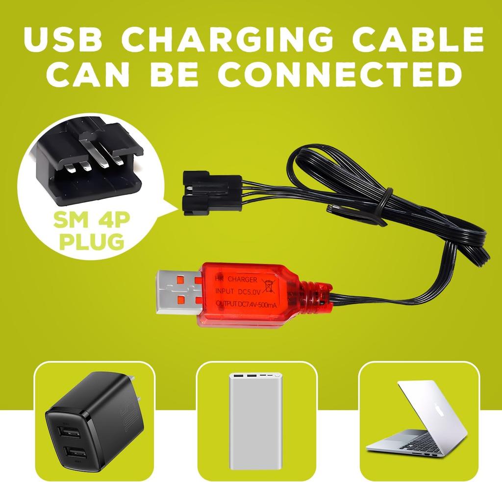 2x High-Speed Lithium Batteries 7.4V 500mAh – Compatible with EC16 DE85 for RC Boat, Ship Model, Car – with USB Charger