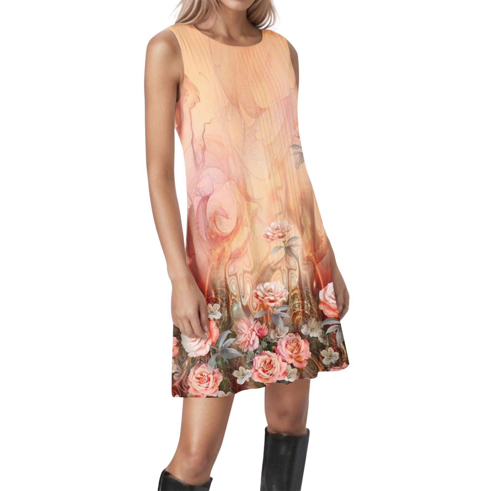 

Женские винтажные цветочные повседневные платья без рукавов с круглым вырезом и текстурой S оранжевый