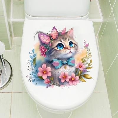 Creative Cat Floral Toilet Wall Sticker Watercolor Butterfly Animal Decal Bathroom Bedroom Living Room Removable Self-Adhesive Decor