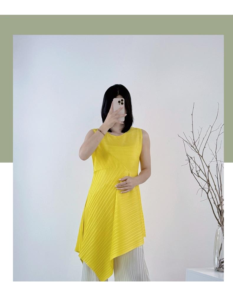 Miyake Pleats PP Irregular Sleeveless Long Dress - Japanese Casual, Waist-Cinched, Slimming, Lightweight Luxury Fashion.