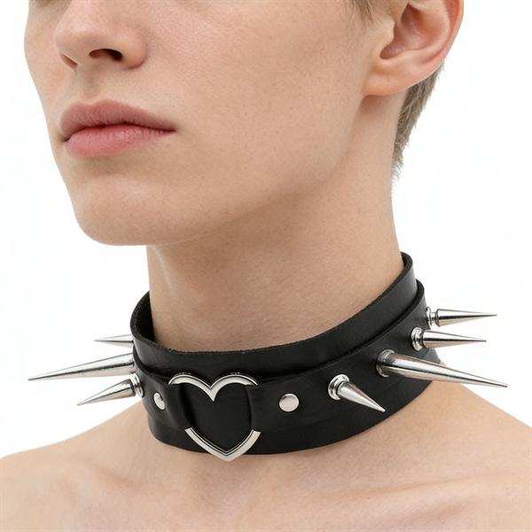 Unisex European Punk Black Leather Choker with Metal Chain and Lock Pendant.