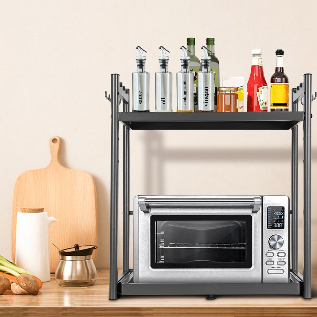 Expandable Microwave Rack with Hooks Microwave Storage Stand Non Slip Over Microwave Shelf Carbon Steel for Kitchen