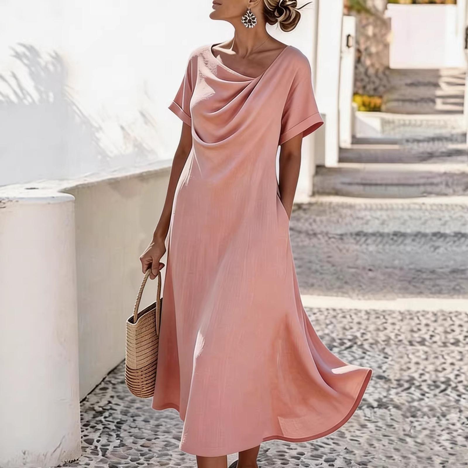 

Women’s Short Sleeve Cowl Neck Midi Dress Loose Fit Lightweight Fabric Flowy Hem Casual Summer Sundress with Pockets XXL розовый