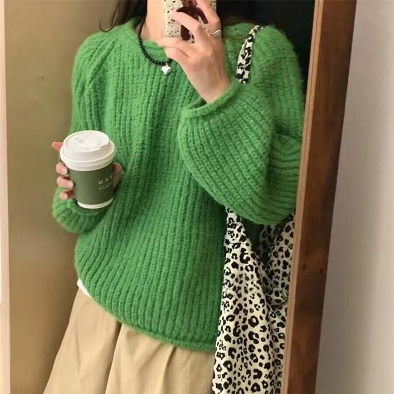 

Пуловер конфетного цвета женский осенне-зимний ретро свободный однотонный с подкрученной толстой нитью ленивый вязаный свитер топ Average size