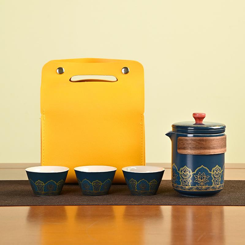 

Дорожный набор для чая кунг-фу, маленький набор для улицы, керамическая чашка куайкэ, один чайник, три чашки, сувенир, бизнес, древний стиль, подарки