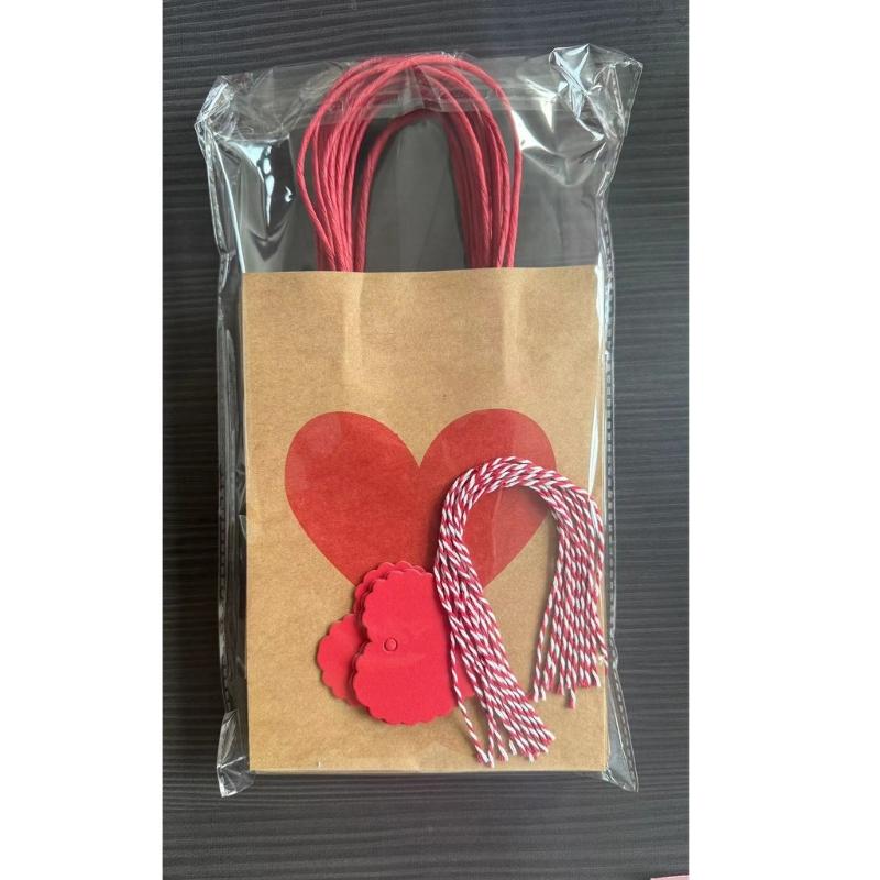 10PCS Valentine's Day Heart Candy Bags Kraft Paper Gift Bags with Handles for Weddings and Birthday Parties