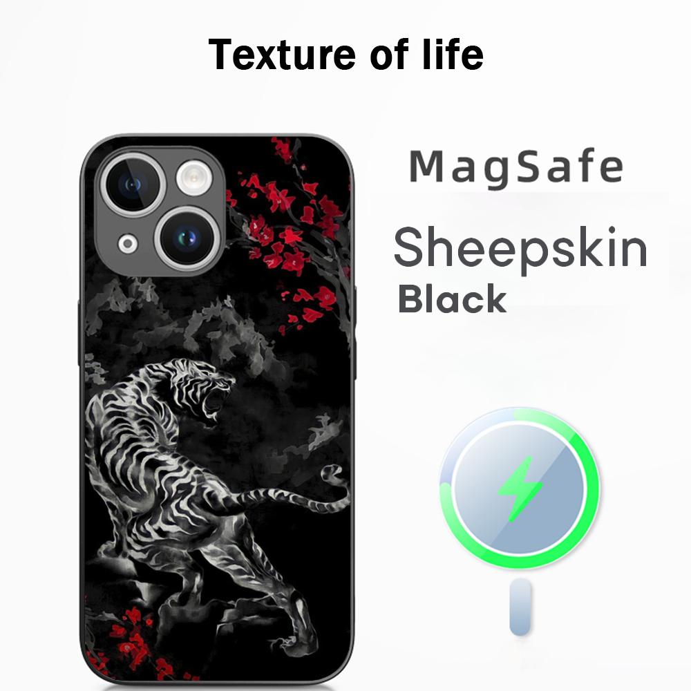 Japanese Tiger Art fashion design Phone Case For iPhone 16 15 14 13 12 11 Plus Pro Max  High-end Luxury Magsafe Sheepskin