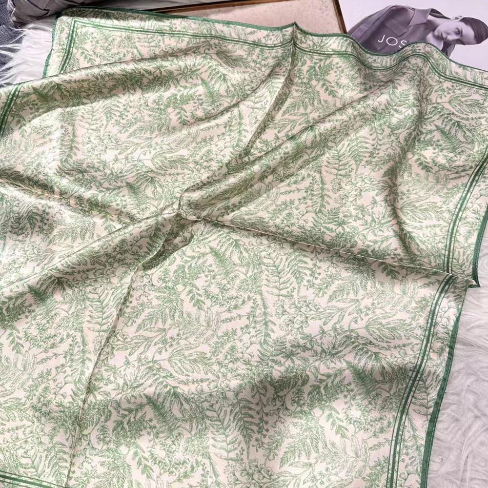 green Women 100% Mulberry Silk Scarf For Hair Headscarf Spring Fall Elegant Floral Small Silk Square Neck Scarves Neckerchief