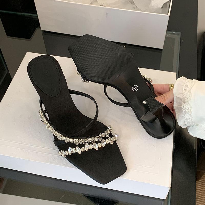 

Fashion Fashion Bling Women High Heels Pumps Slides Shoes Luxury Rhinestones Female Slip On Footwear Ladies Heeled Shoes Sandals 35 чёрный