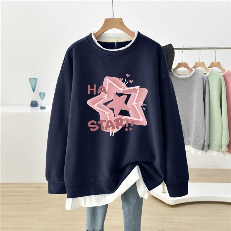 Star Print Fake Two Women's Plus Size Hoodie Long Sleeved Round Neck Sweatshirt  Autumn Warm Woman Loose Casual Top