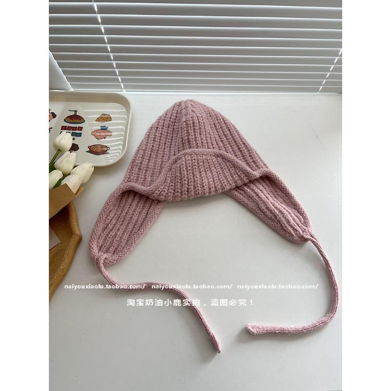 

Knitted hat children s winter face small lace-up headgear wool flying hat versatile ear protectors One Size Elastic