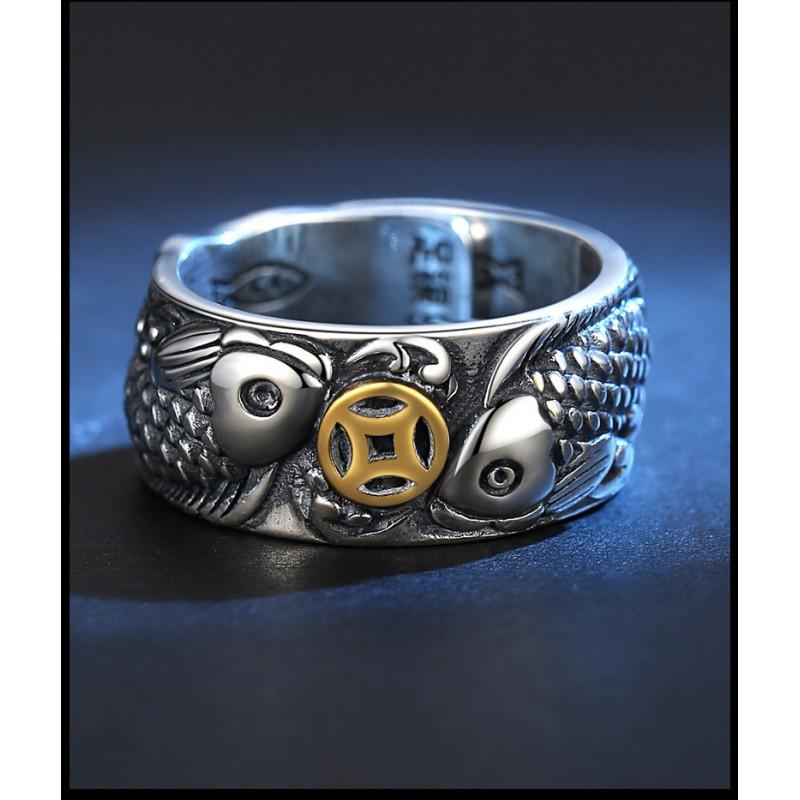 Adjustable Open Ring Men Women Vintage Lucky Fish Coin Motif Plated Retro Style Statement Jewelry