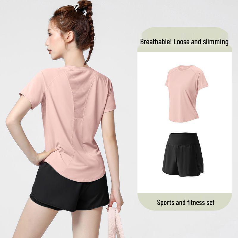 Plus Size Quick-Dry Loose Fit Yoga & Sports Suit: Elastic Short Sleeve T-Shirt & Shorts