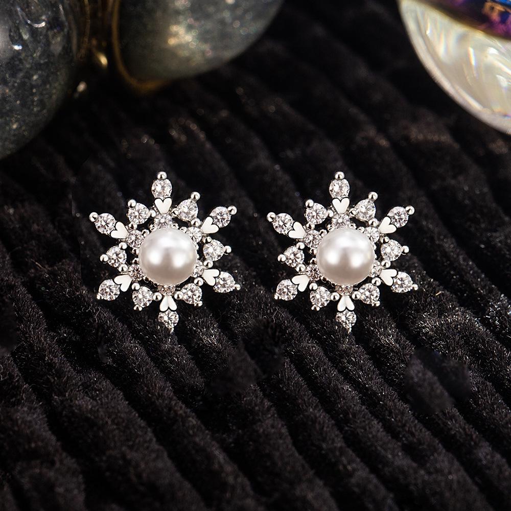 925 Sterling Silver Premium Fashion Snowflake Zircon Pearl Stud Earrings Birthday Party Anniversary Gift